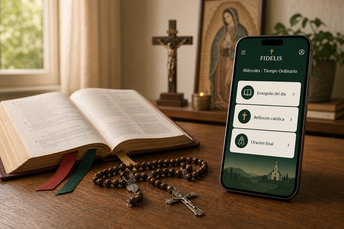 Fidelis junto a un misal católico y un rosario, mostrando el Evangelio del día